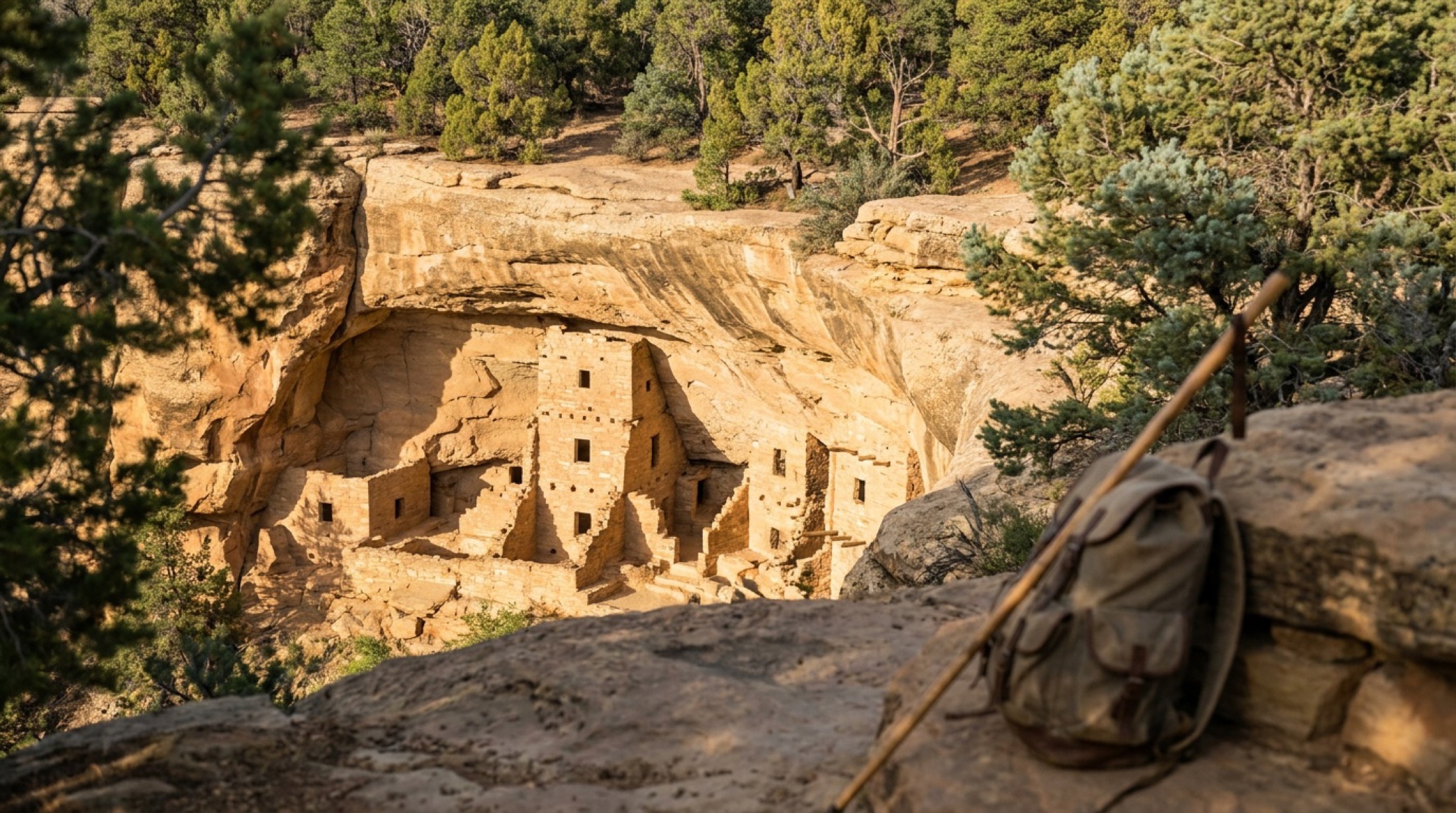 Ancestral Puebloan cliff dwellings set into a sandstone alcove at Mesa Verde in warm afternoon light.