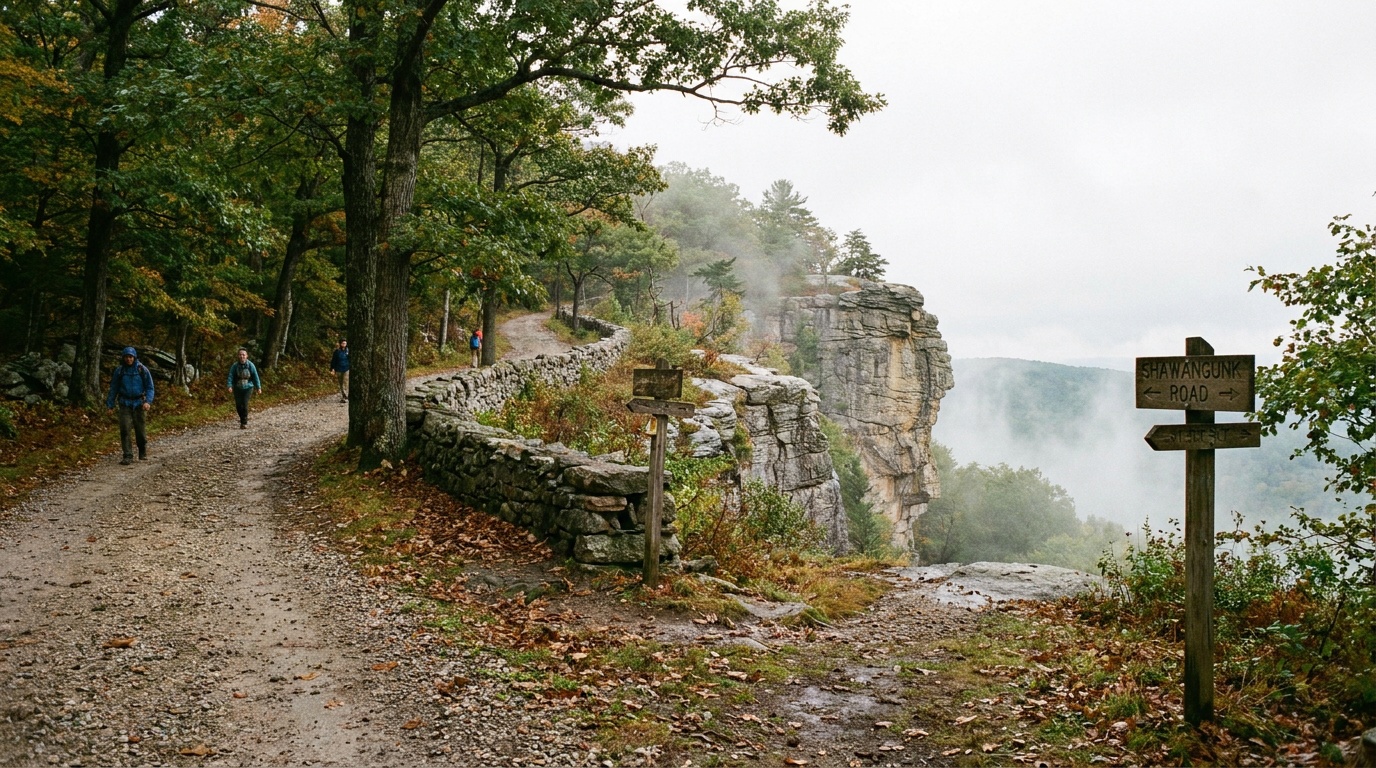 A carriage road winding along the Shawangunk cliffs