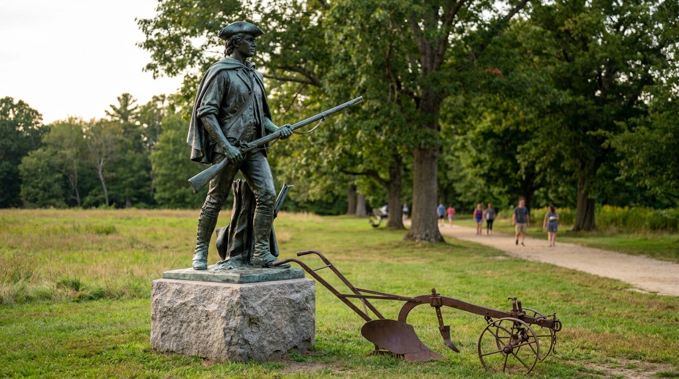 Daniel Chester French's Minute Man statue of a militiaman with musket beside a plow