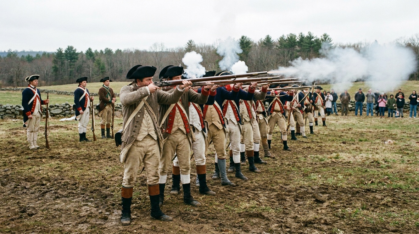 Reenactors in colonial militia uniforms firing muskets at a Patriots Day program