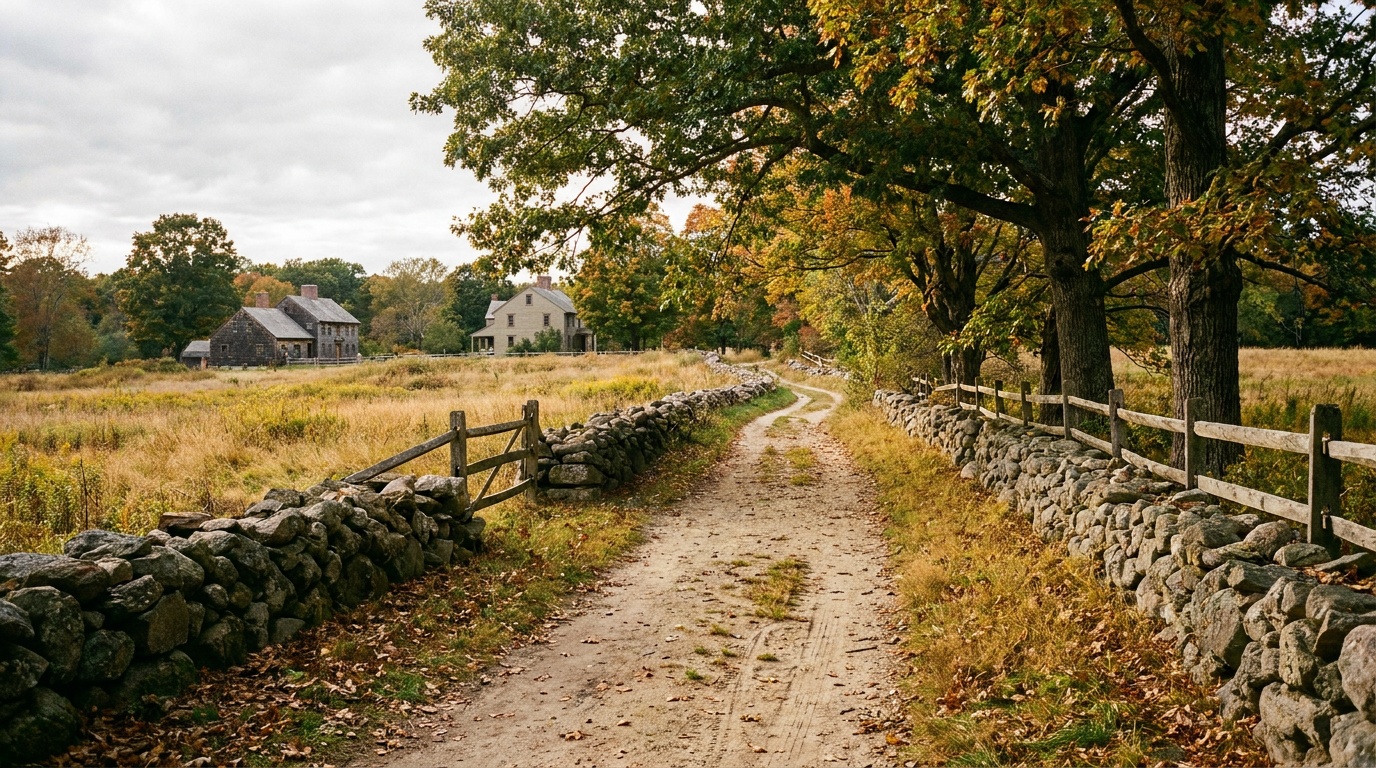 The Battle Road Trail running between stone walls and historic fields under tall trees