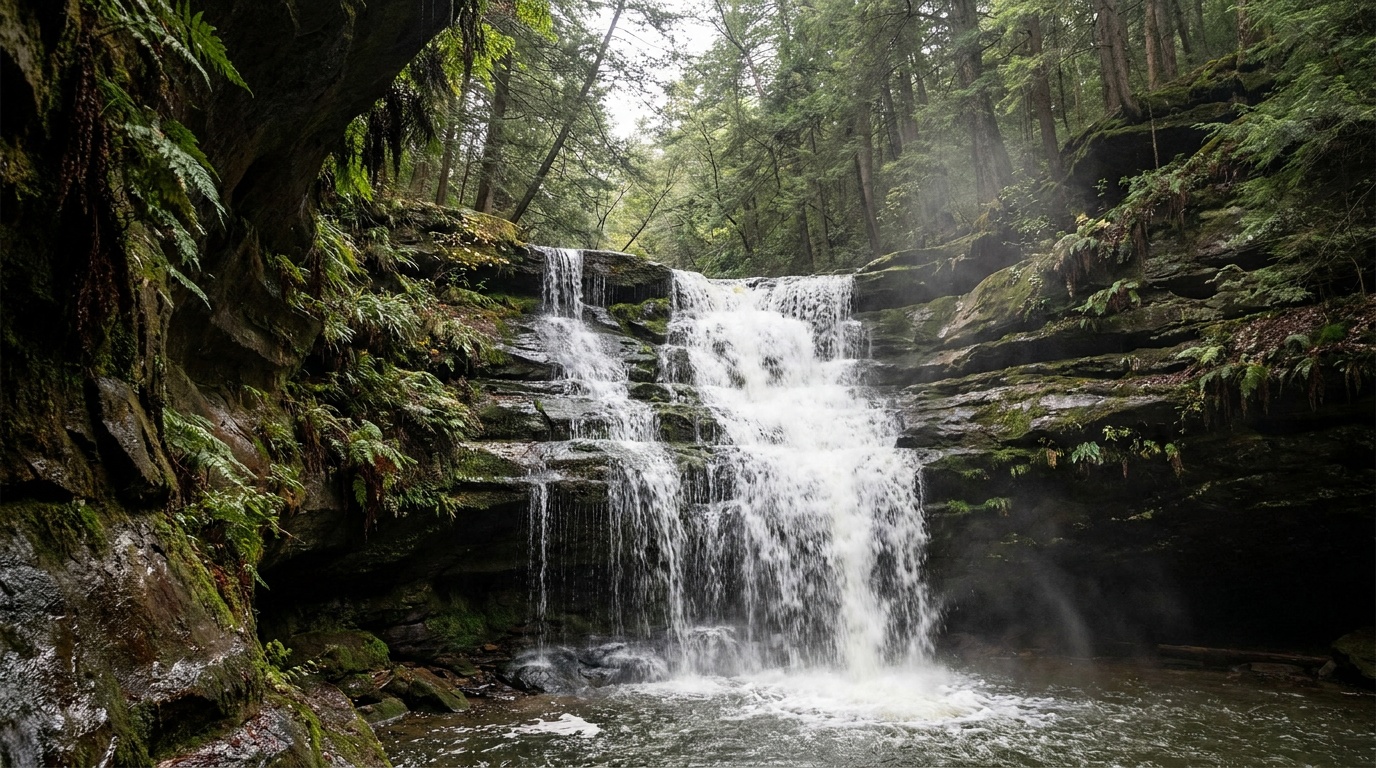 Big Lyons Falls cascading down a curved sandstone cliff into a shaded hemlock gorge, water sliding over dark wet rock with ferns clinging to the walls.