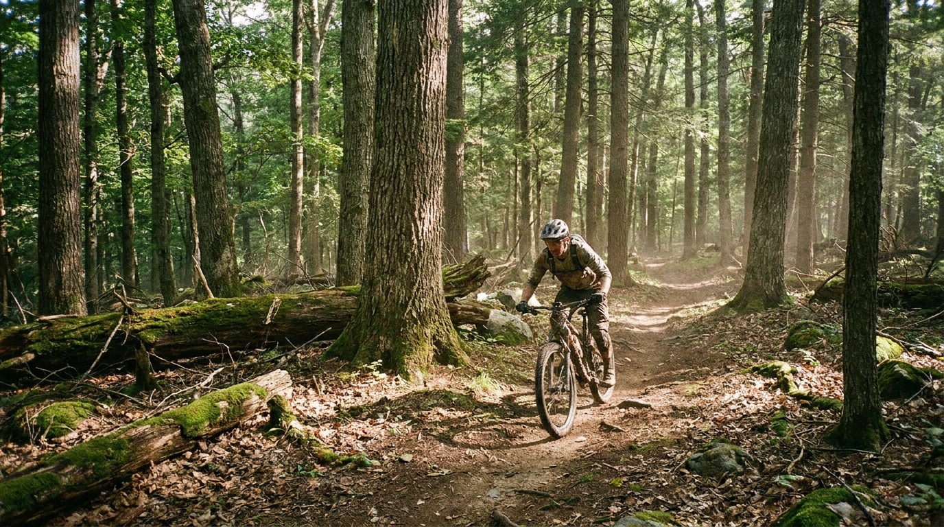 A mountain biker on forested singletrack threading through Mohican's hardwood and pine trees, dappled light across the dirt trail.