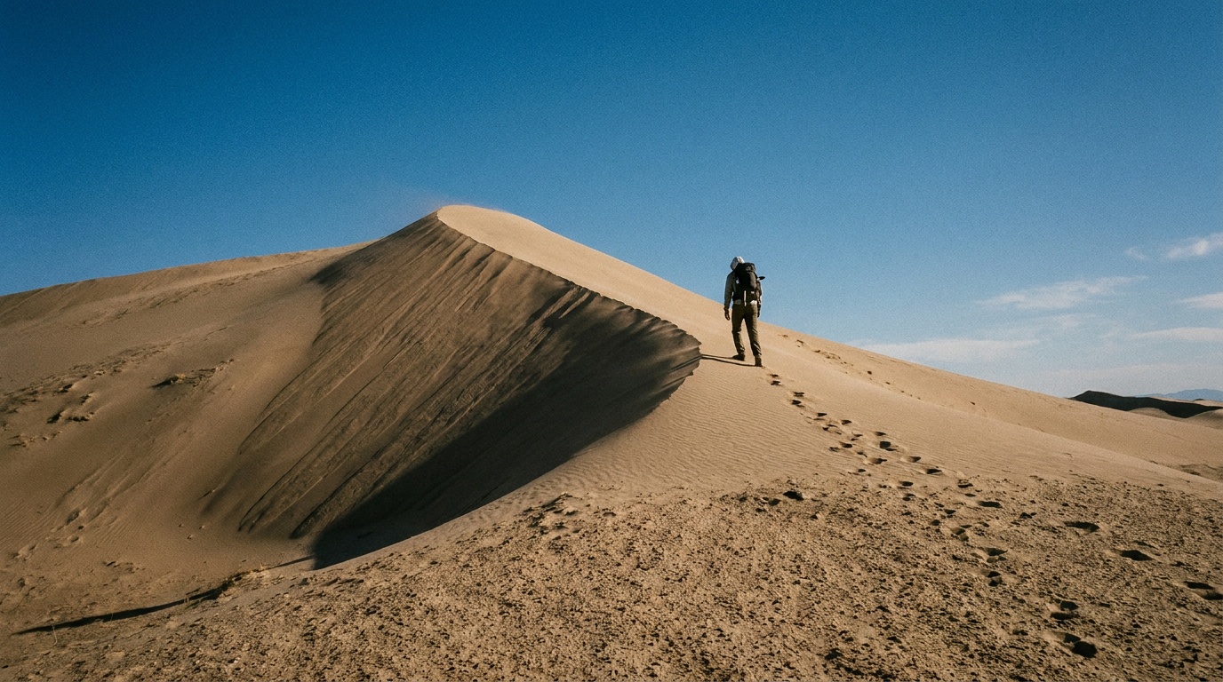 A solo hiker climbing a sharp sandy ridgeline of the Kelso Dunes with footprints trailing behind under a deep blue sky