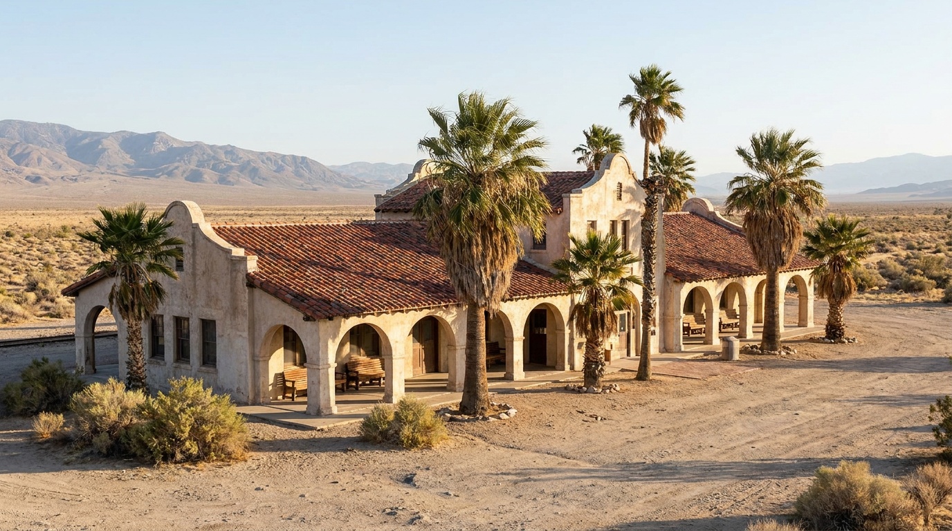 The restored Spanish-revival Kelso Depot rail station with its arcade and palm trees in the heart of the Mojave National Preserve