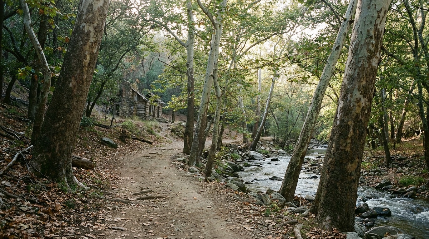 Sycamores and the shaded loop trail along Beaver Creek below the dwelling