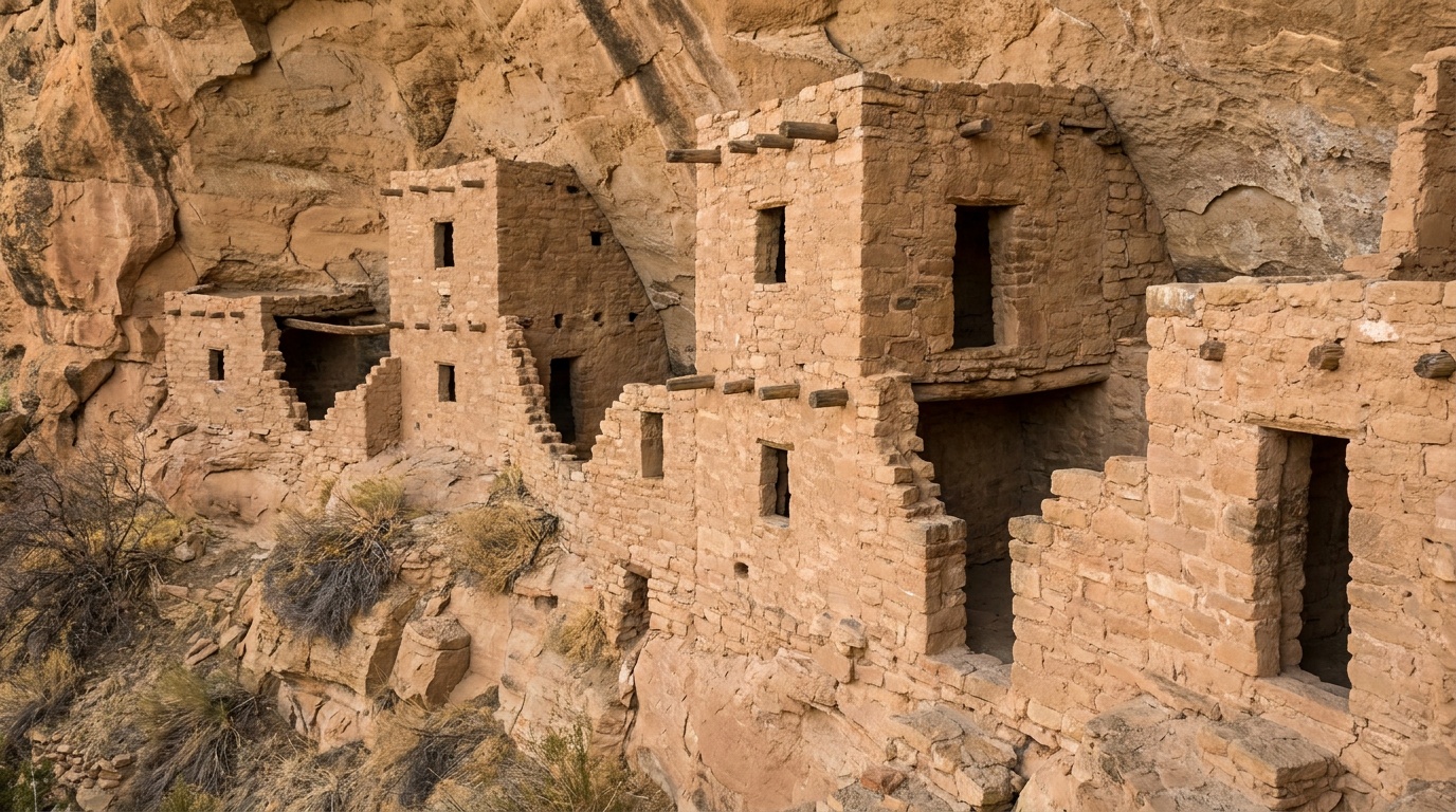 Close detail of the Sinagua masonry rooms tucked into the cliff face
