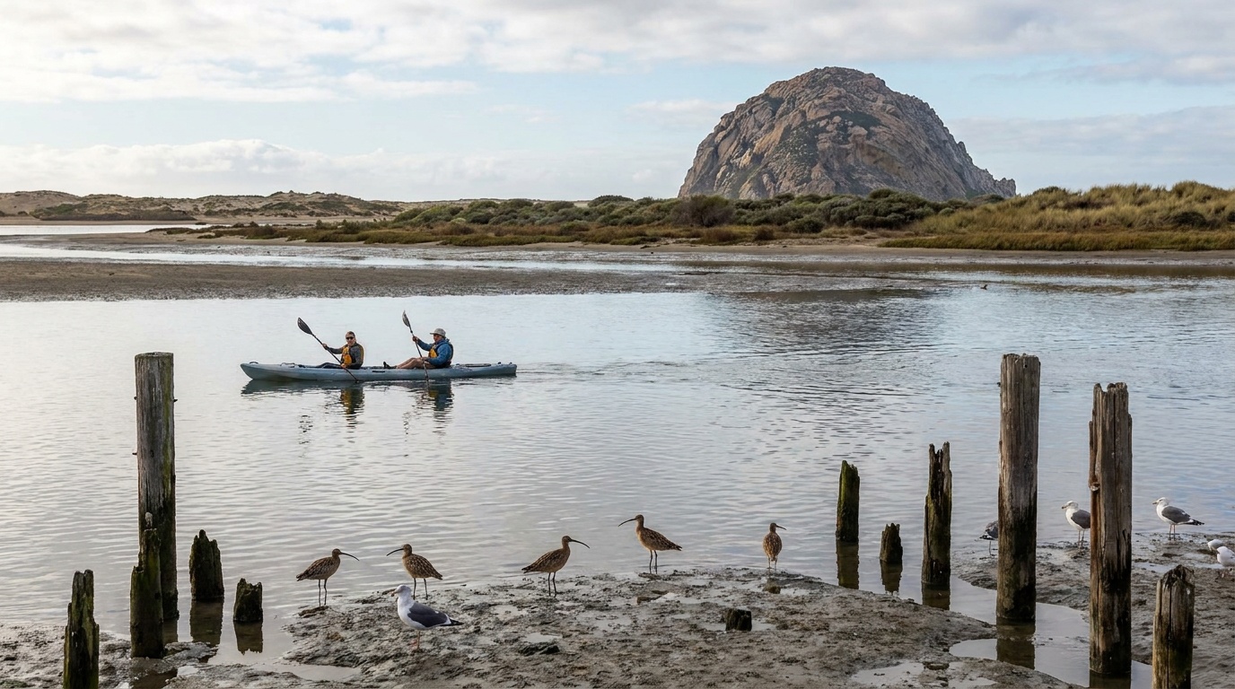 Kayakers and shorebirds on the Morro Bay estuary