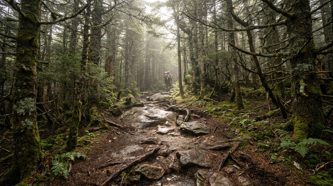 A rugged Appalachian Trail footpath climbing through mossy red spruce forest on Mount Greylock, rocky tread, shafts of light through dark conifers, photorealistic hiking photography
