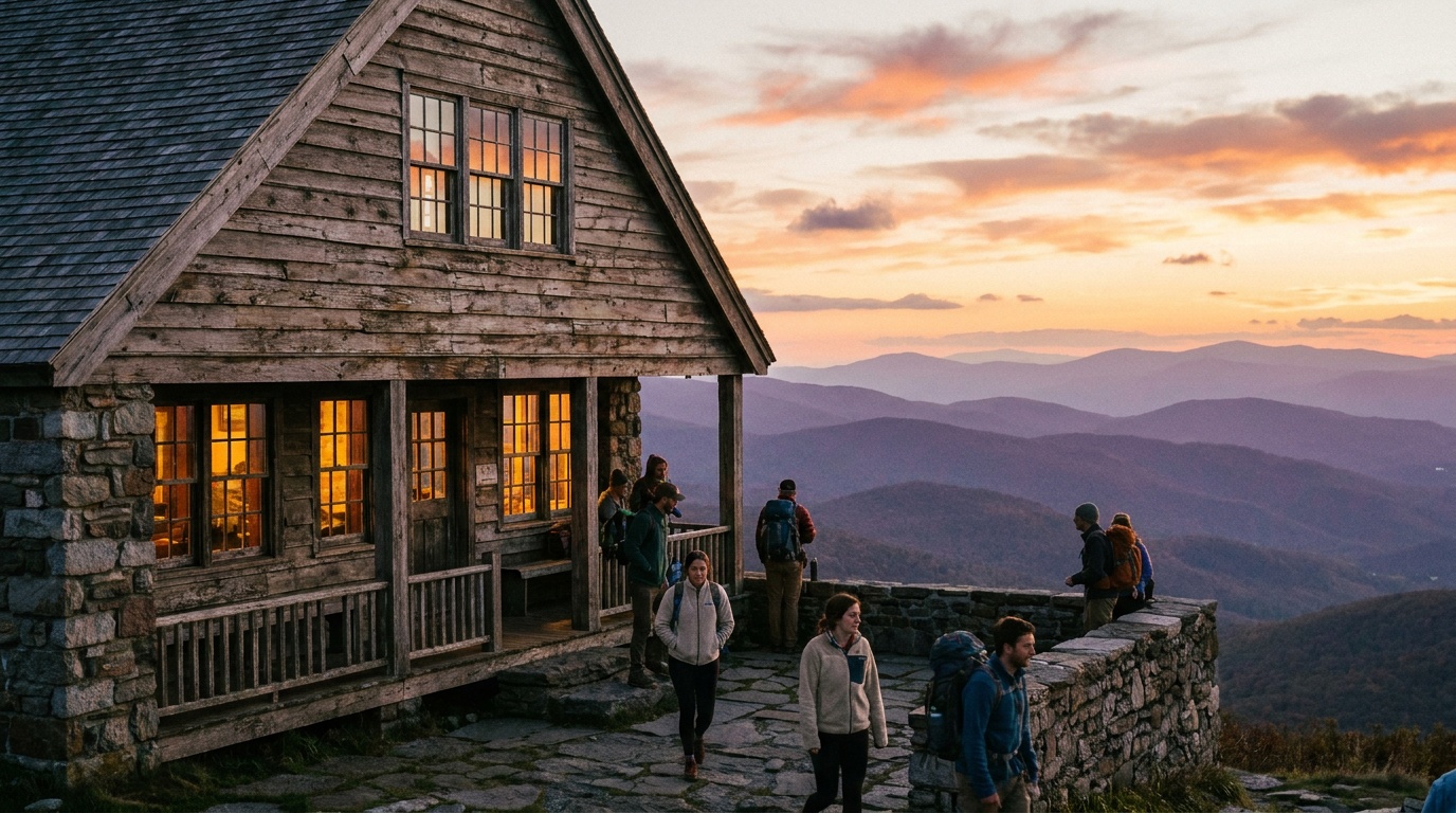 The rustic stone-and-timber Bascom Lodge at the summit of Mount Greylock at sunset, warm light glowing from the windows, mountain ridgelines behind in twilight, photorealistic