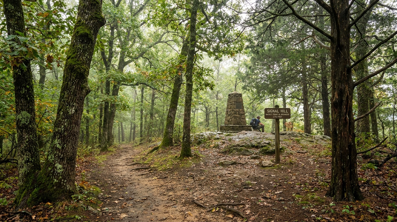 A gentle wooded summit trail through oak forest and cedar glades reaching the Signal Hill marker, the highest point in Arkansas, soft green light, quiet path