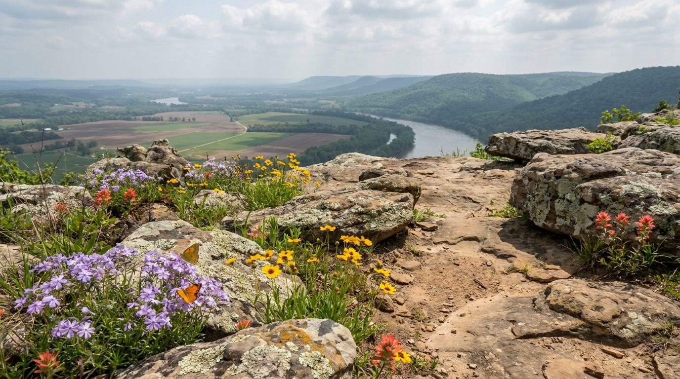 A rocky north-rim bluff overlook at Cameron Bluff with a long view across the Arkansas River Valley in spring, wildflowers and a butterfly, layered ridges beyond