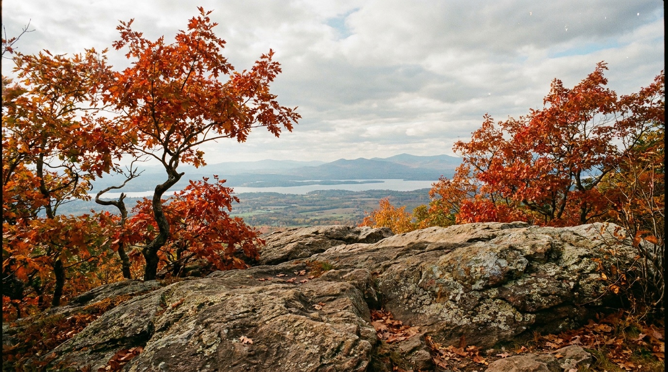 A rocky overlook ledge at the top of Mount Philo with brilliant red and orange maple foliage framing a wide view of the Lake Champlain valley below