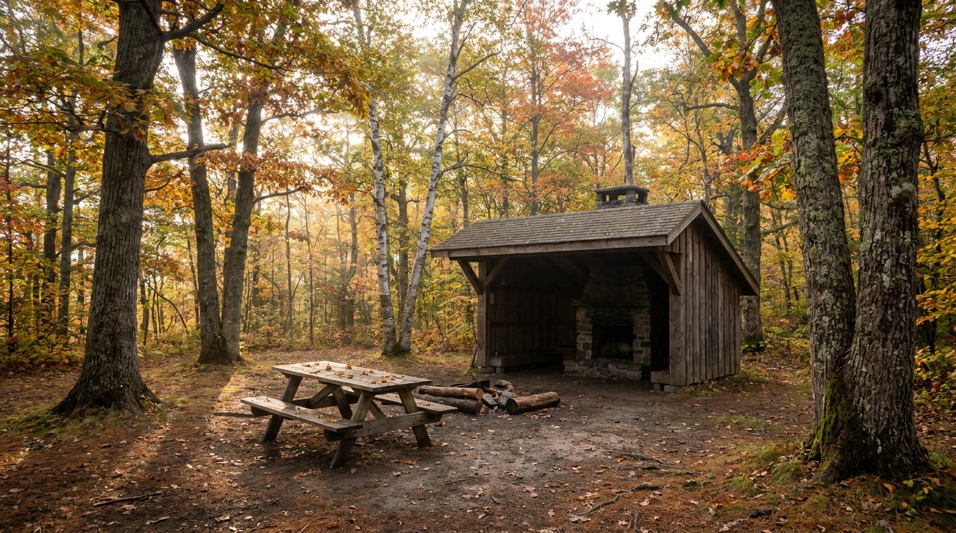 A quiet wooded campsite with a lean-to shelter and picnic table among autumn trees near the Mount Philo summit, soft morning light, Charlotte Vermont
