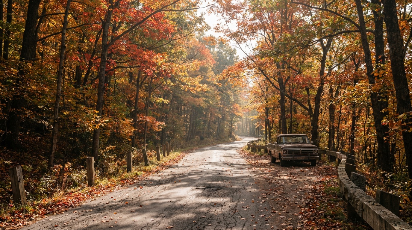 The narrow paved summit access road climbing through autumn hardwood forest up Mount Philo, dappled light, classic small Vermont state park scene