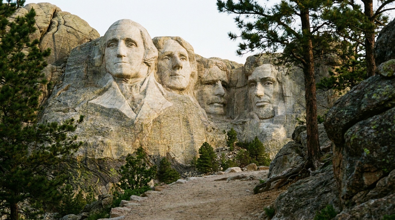 Close detail of the Mount Rushmore presidents' faces from the Presidential Trail at the base of the mountain, granite texture catching morning light