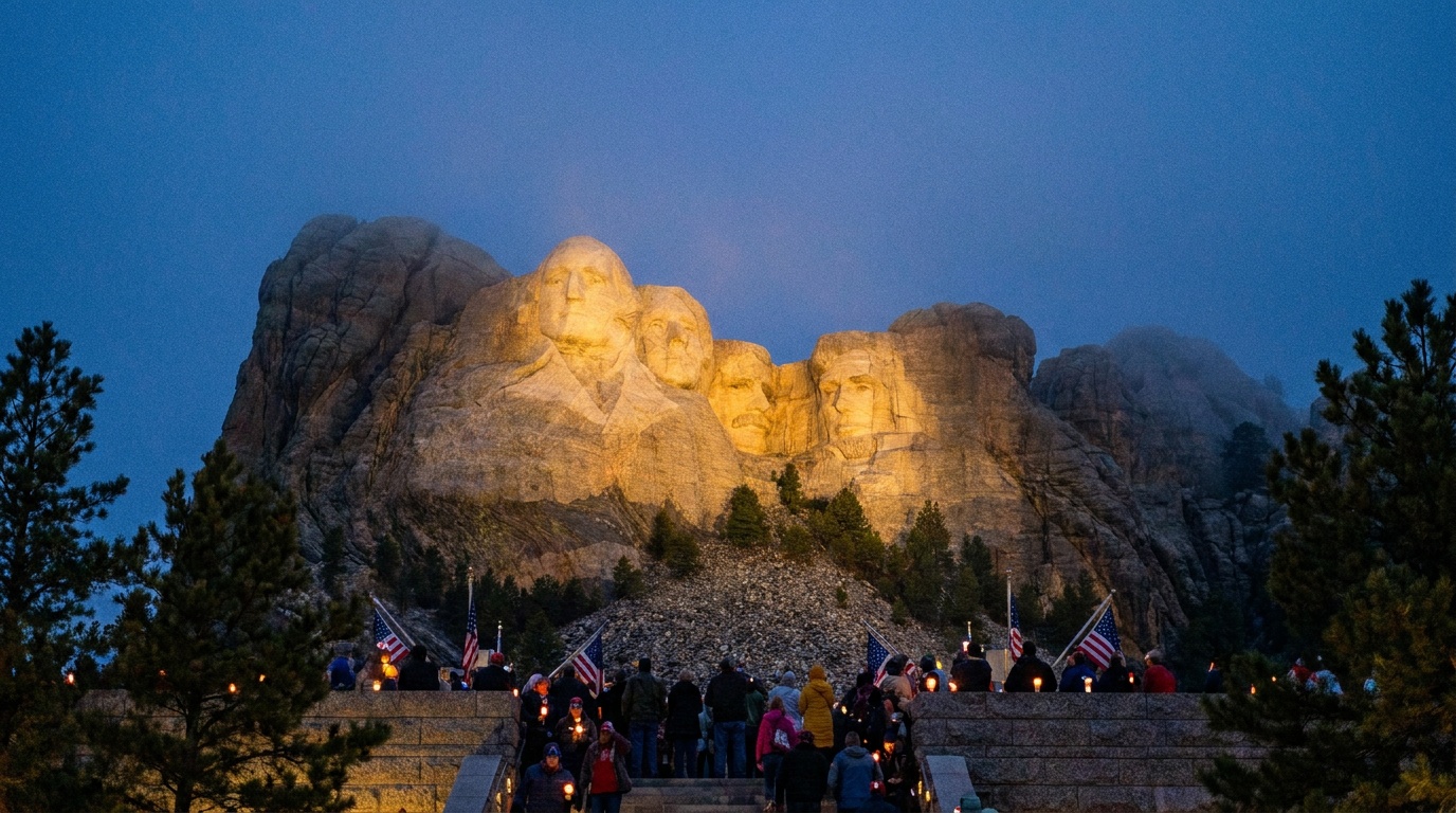 Mount Rushmore illuminated at night during the summer lighting ceremony, the carved faces lit against a deep blue twilight sky