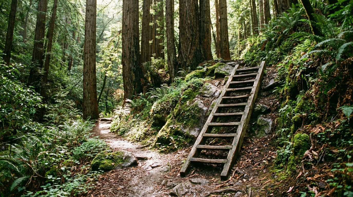 The fern-draped redwood canyon and wooden ladder on the Steep Ravine Trail