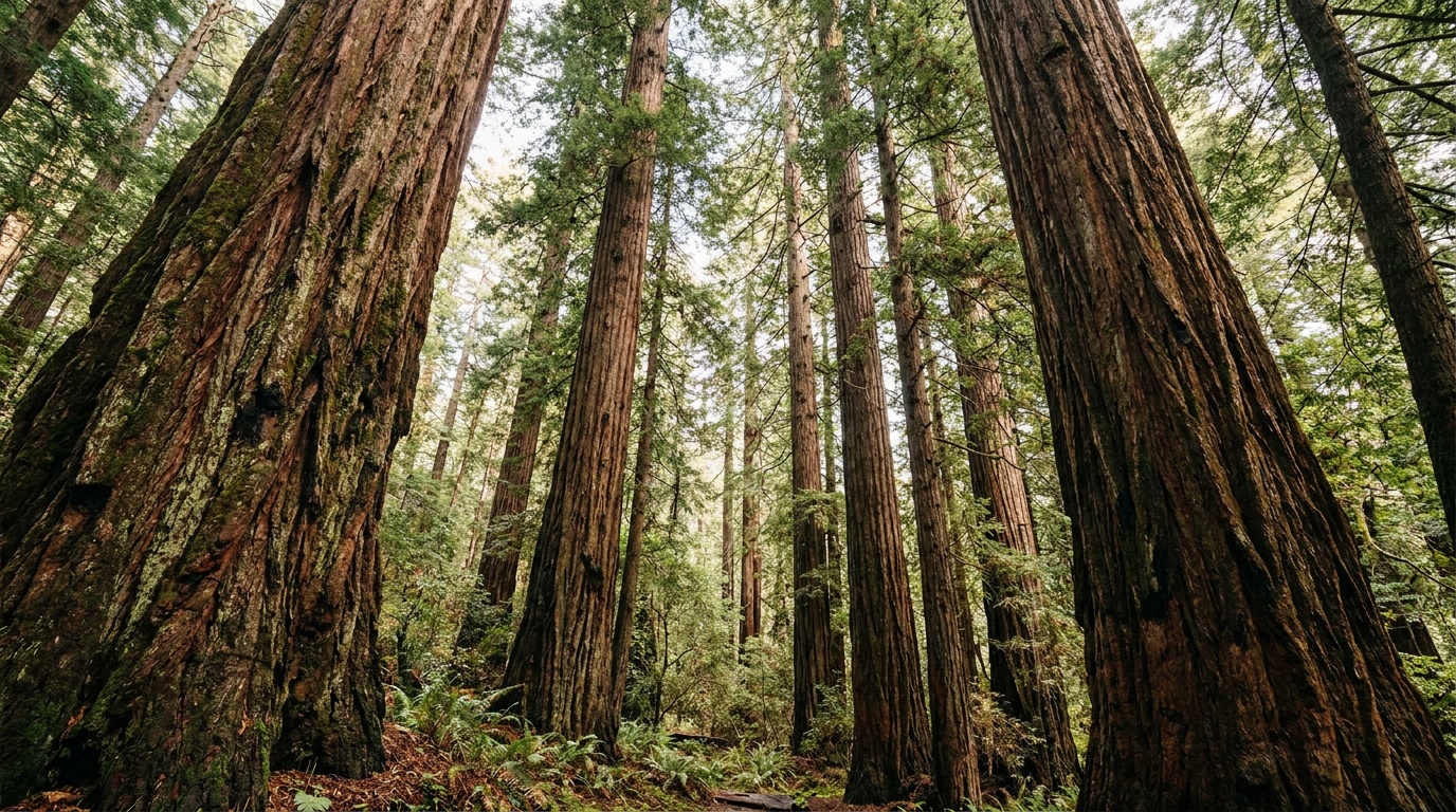 Looking straight up the trunks of old-growth redwoods into the canopy