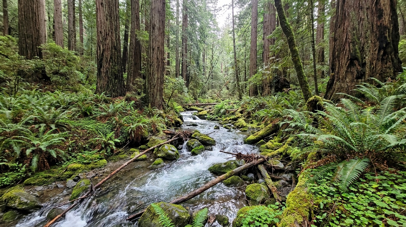 Redwood Creek running clear through ferns and the redwood grove