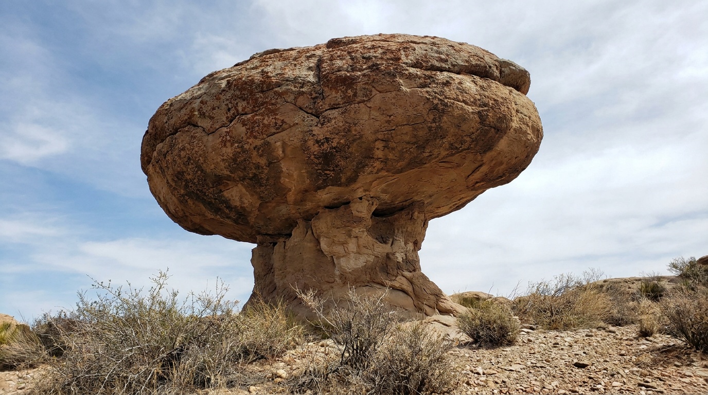 Close view of the largest mushroom rock, a broad sandstone cap balanced on a narrow eroded stem, textured concretion surface against blue sky.