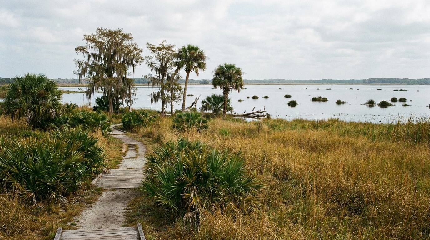 Wide view of Upper Myakka Lake and wetland prairie at Myakka River State Park