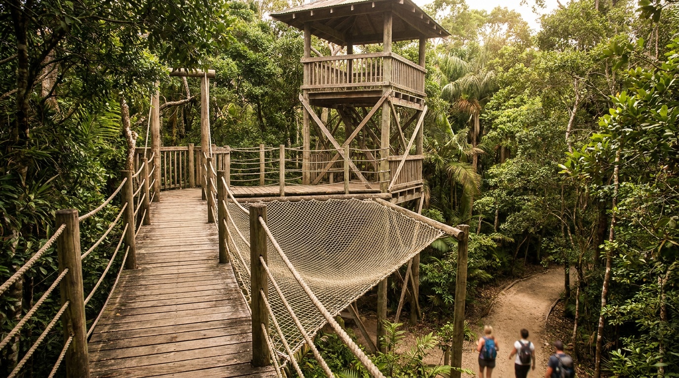 The elevated wooden canopy walkway and observation tower over the hammock