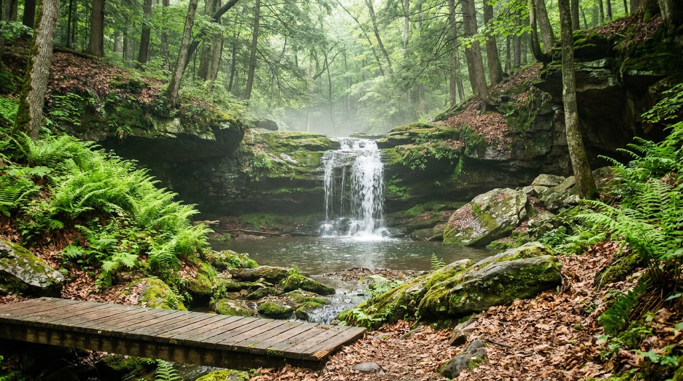 The base pool of Natural Falls fringed with bright green ferns and mossy boulders, mist drifting in dappled forest light.