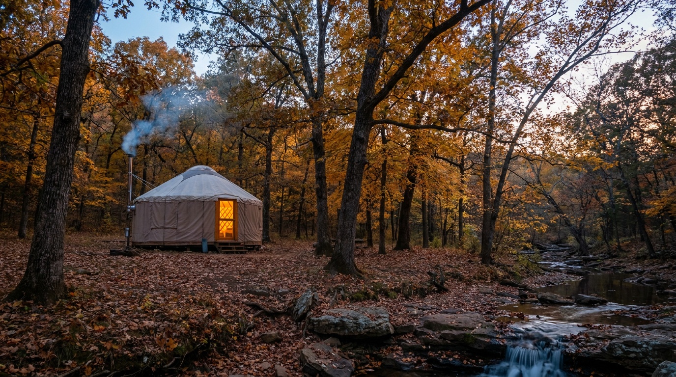 A Mongolian-style yurt nestled among autumn hardwoods at Natural Falls State Park, warm light glowing from within at dusk.