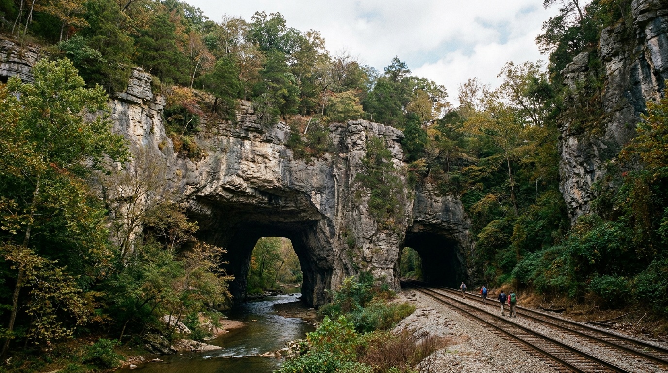 The massive 850-foot Natural Tunnel, an enormous limestone arch with railroad tracks running through it, sheer towering cliffs draped in green and autumn foliage above the gorge floor, far southwest Virginia