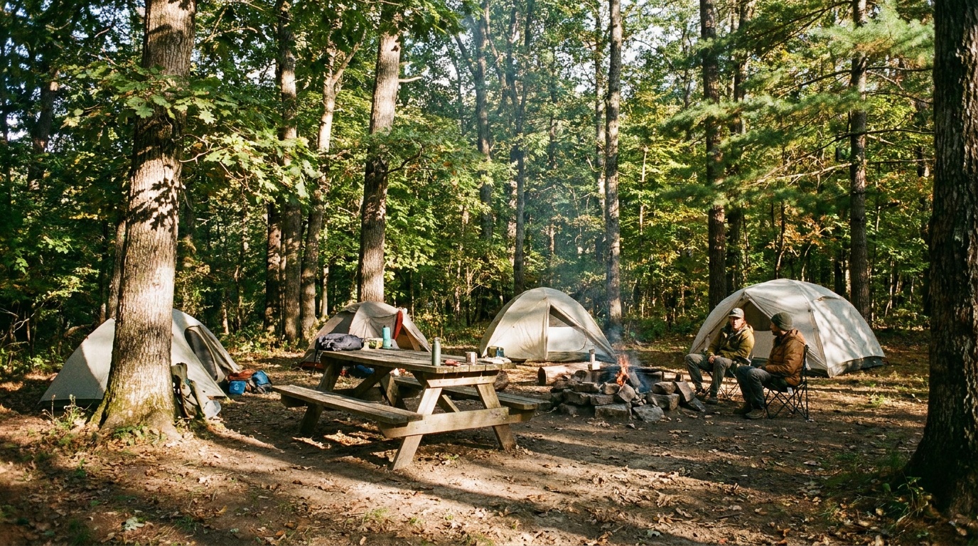 A back-in campsite with picnic table and fire ring in a wooded campground loop in dappled afternoon light, tents and trees, a quiet southwest Virginia setting