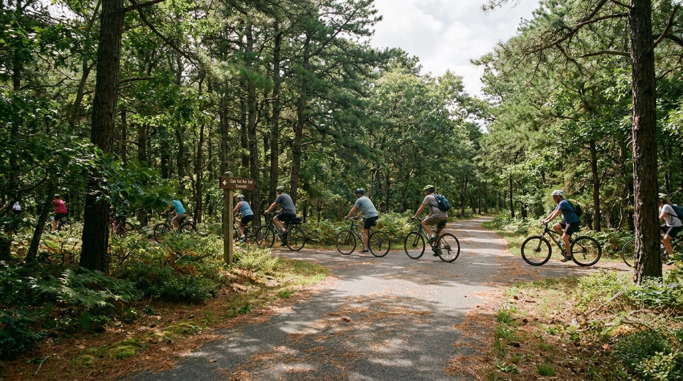 A paved bike path winding through pine forest at Nickerson State Park connecting to the Cape Cod Rail Trail, cyclists riding, sun-dappled pavement, green understory, photorealistic