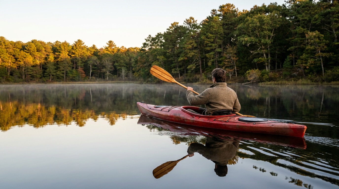 A kayaker paddling on glassy Cliff Pond at Nickerson State Park at golden hour, forested shoreline reflected in still water, soft low sun, photorealistic