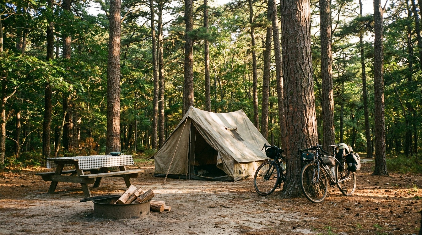 A wooded tent campsite under tall pitch pines at Nickerson State Park on Cape Cod, dappled sunlight, a picnic table and fire ring, bikes leaning against a tree, photorealistic camping photography