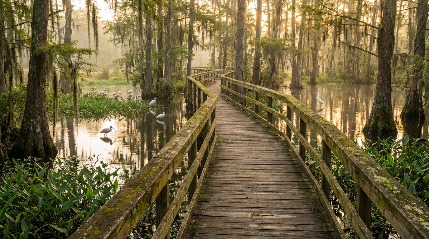 A flat wooden boardwalk winding through the green Ocmulgee wetlands and floodplain forest, reflective water and birds, soft morning light
