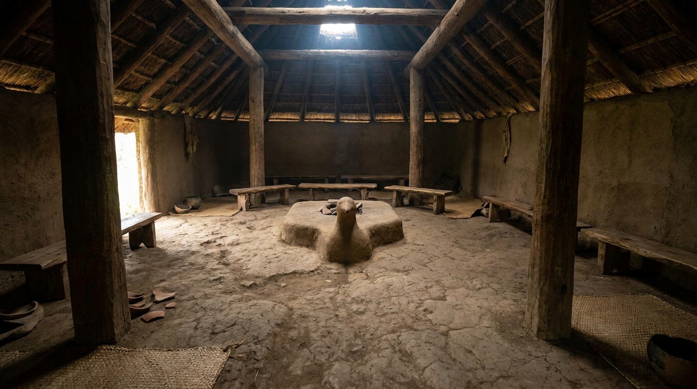 Interior of the reconstructed Ocmulgee Earth Lodge showing the ancient clay floor, the bird-shaped platform, and the low dim ceremonial chamber