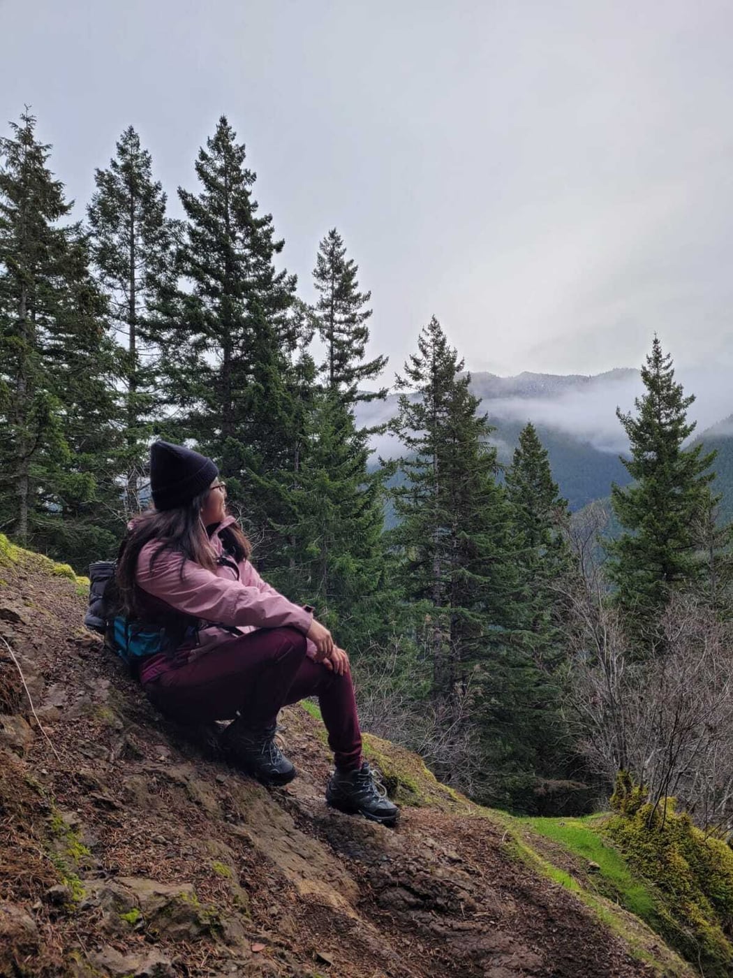 A hiker looking across Lake Crescent from a Mount Storm King viewpoint