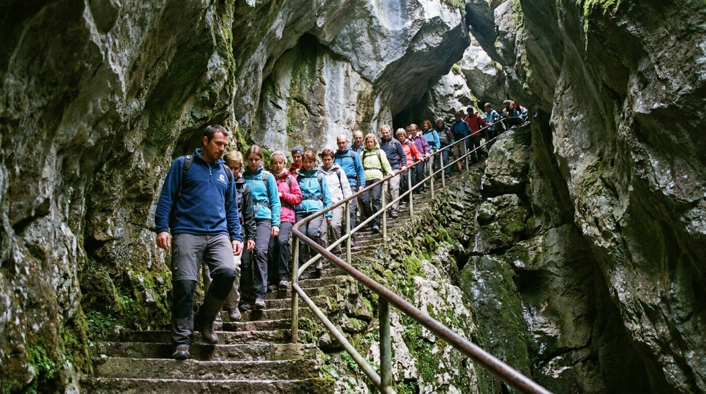 Narrow twisting marble passage with about 500 worn stone stairs and a metal handrail, a guided tour group descending, cave atmosphere cool and dim