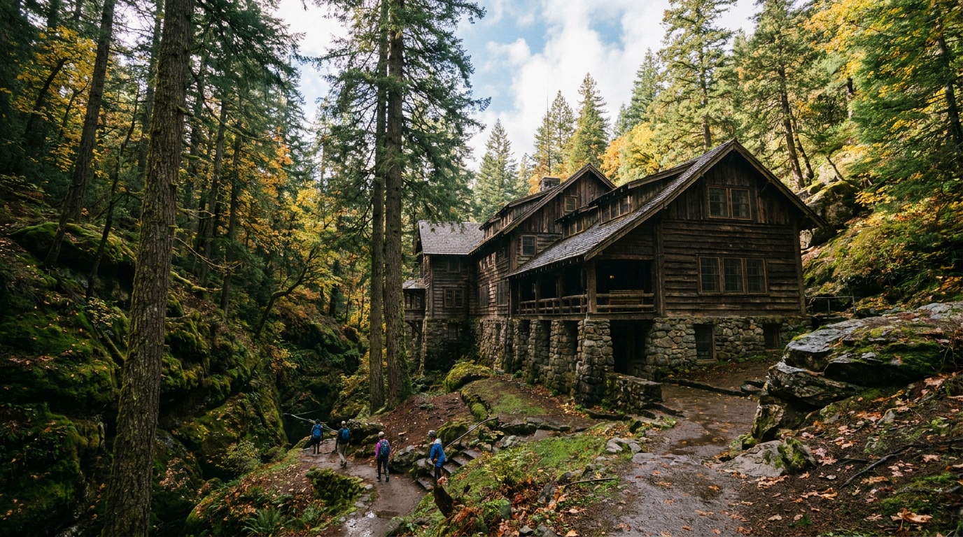The rustic six-story 1934 Oregon Caves Chateau lodge nestled into a forested Siskiyou Mountain ravine, mossy old-growth Douglas-fir all around, autumn light