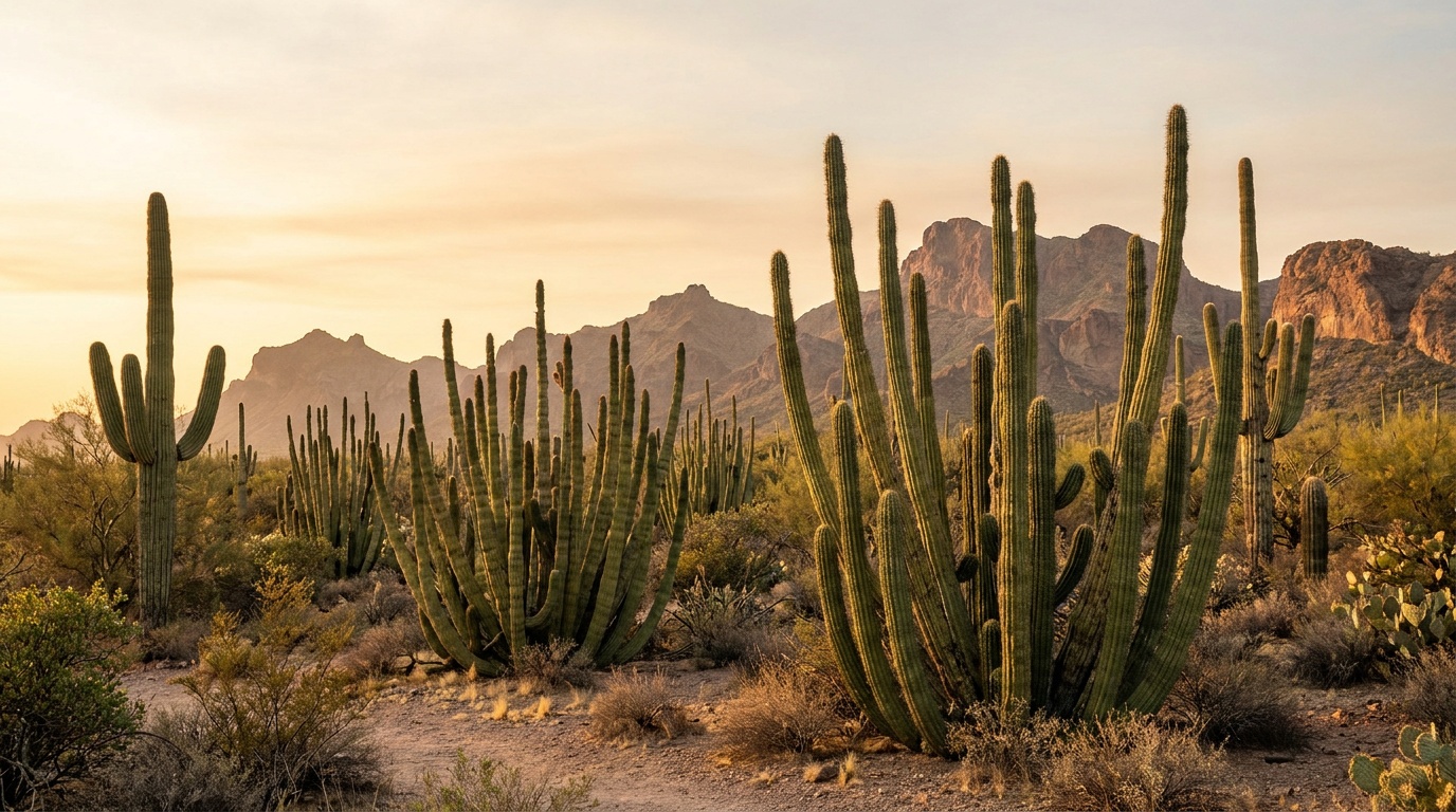 A dense forest of multi-armed organ pipe cactus and saguaro against the rugged Ajo Range at Organ Pipe Cactus National Monument in warm light