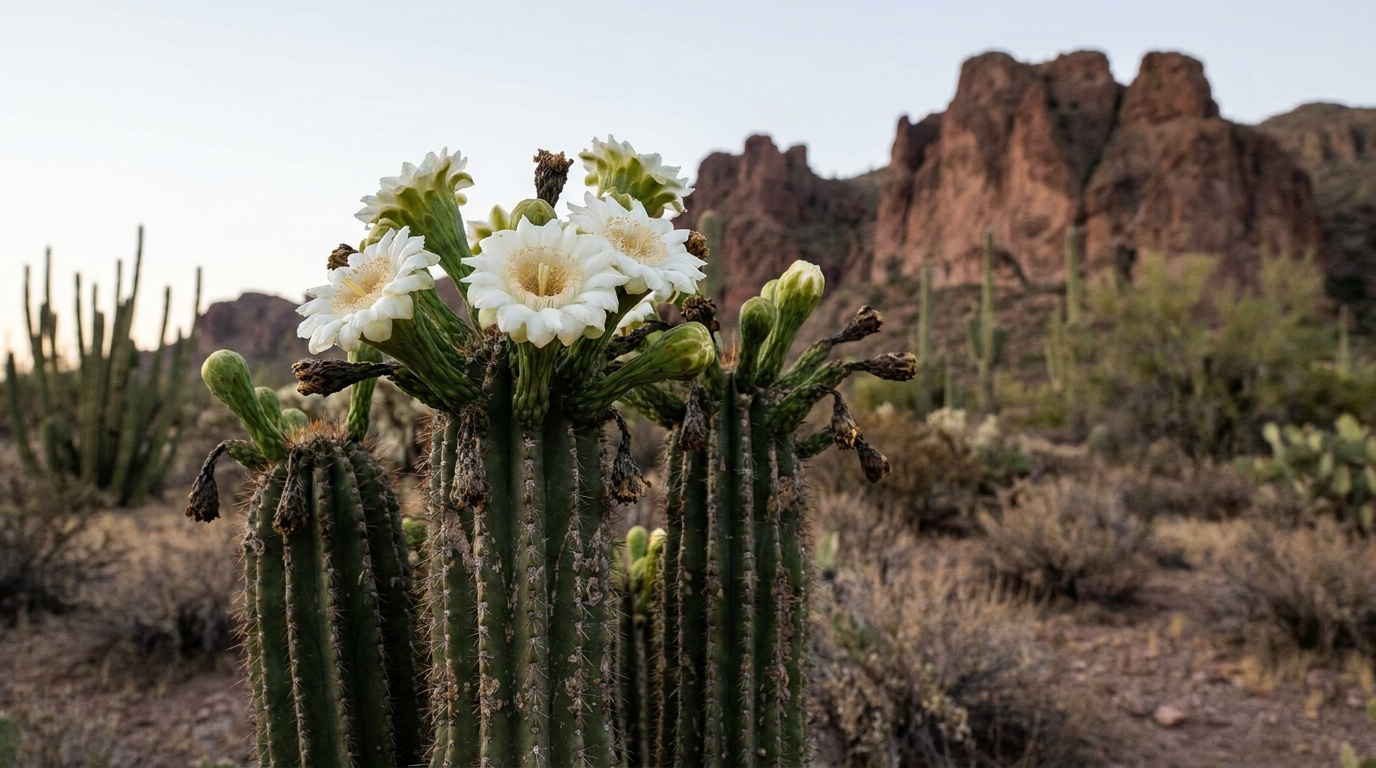 Close-up of an organ pipe cactus blooming with white waxy night flowers in spring at Organ Pipe