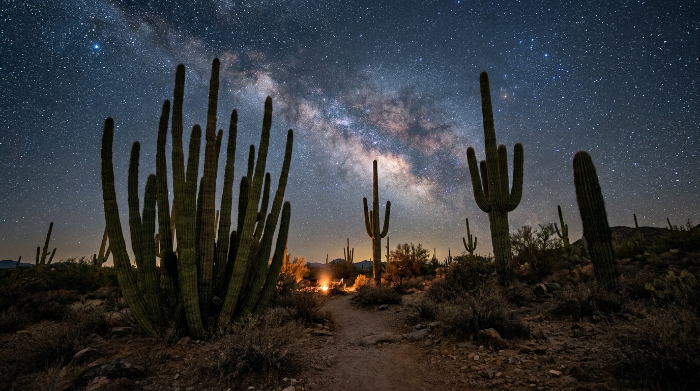 A brilliant star-filled dark sky over silhouetted organ pipe and saguaro cactus at Organ Pipe Cactus National Monument at night