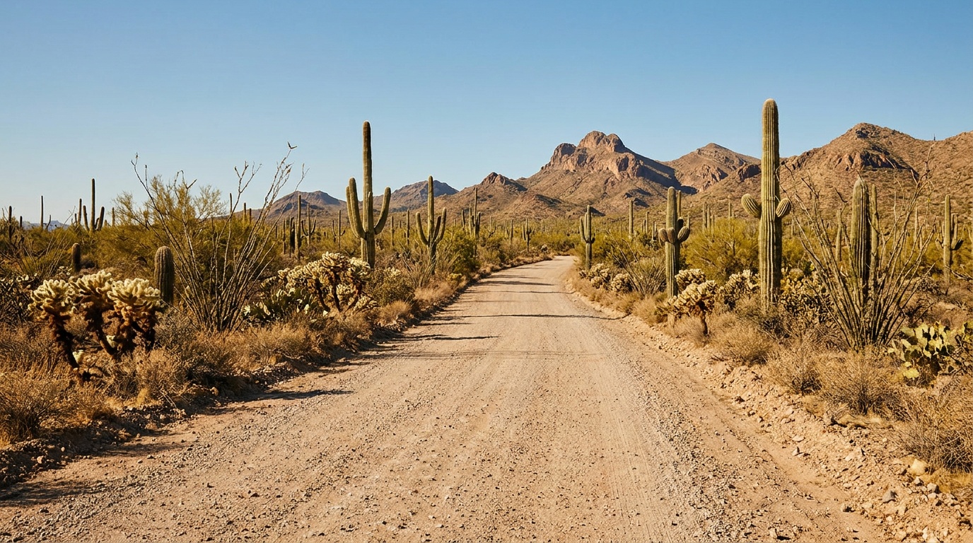 The graded Ajo Mountain Drive winding through Sonoran Desert cactus stands toward jagged desert mountains under a clear sky