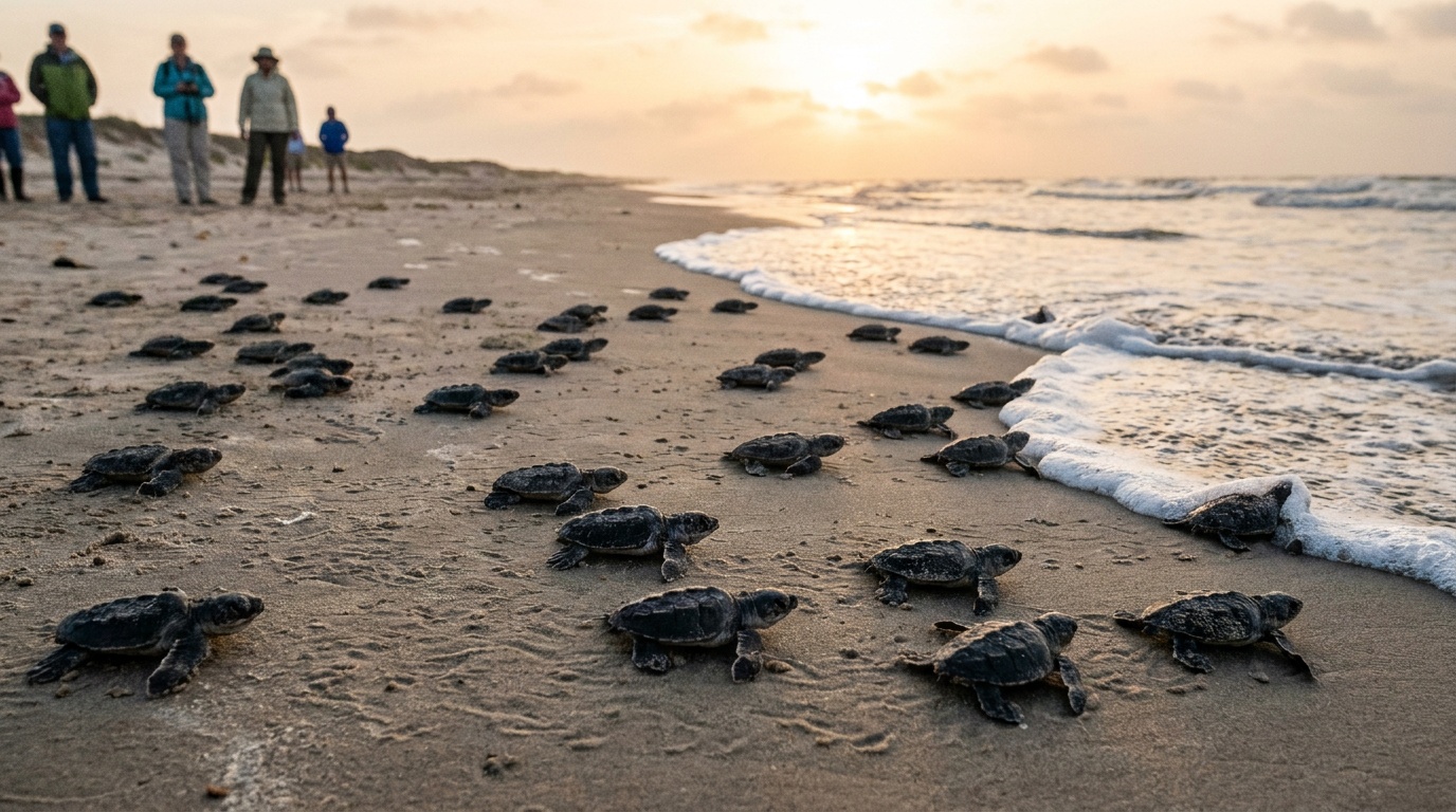 Tiny Kemp's ridley sea turtle hatchlings crawling across wet sand toward the surf at a dawn release on Malaquite Beach, soft golden light
