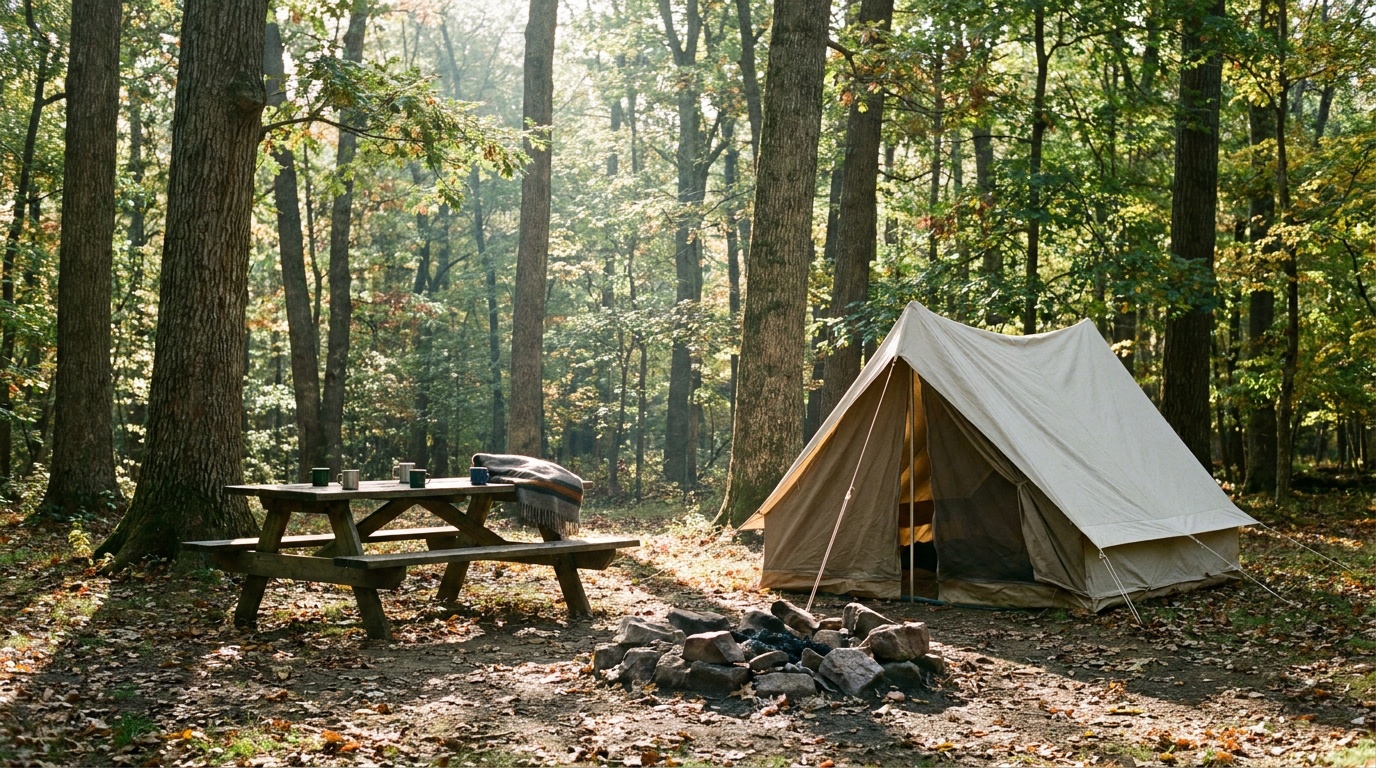 A tent campsite among tall trees at the Hollofield area of Patapsco Valley State Park, picnic table and fire ring, dappled morning sunlight, Maryland