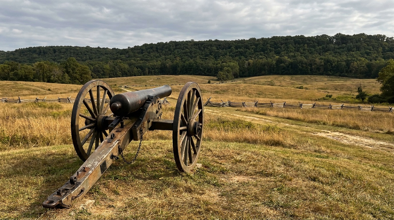 The open battlefield fields of Pea Ridge with a Civil War cannon in the foreground and wooded ridge behind