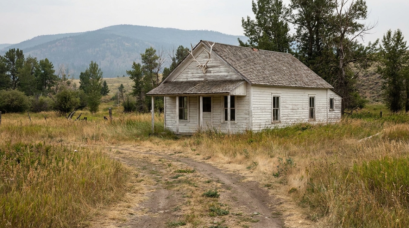 The reconstructed white Elkhorn Tavern building with its namesake elk antlers on the roof