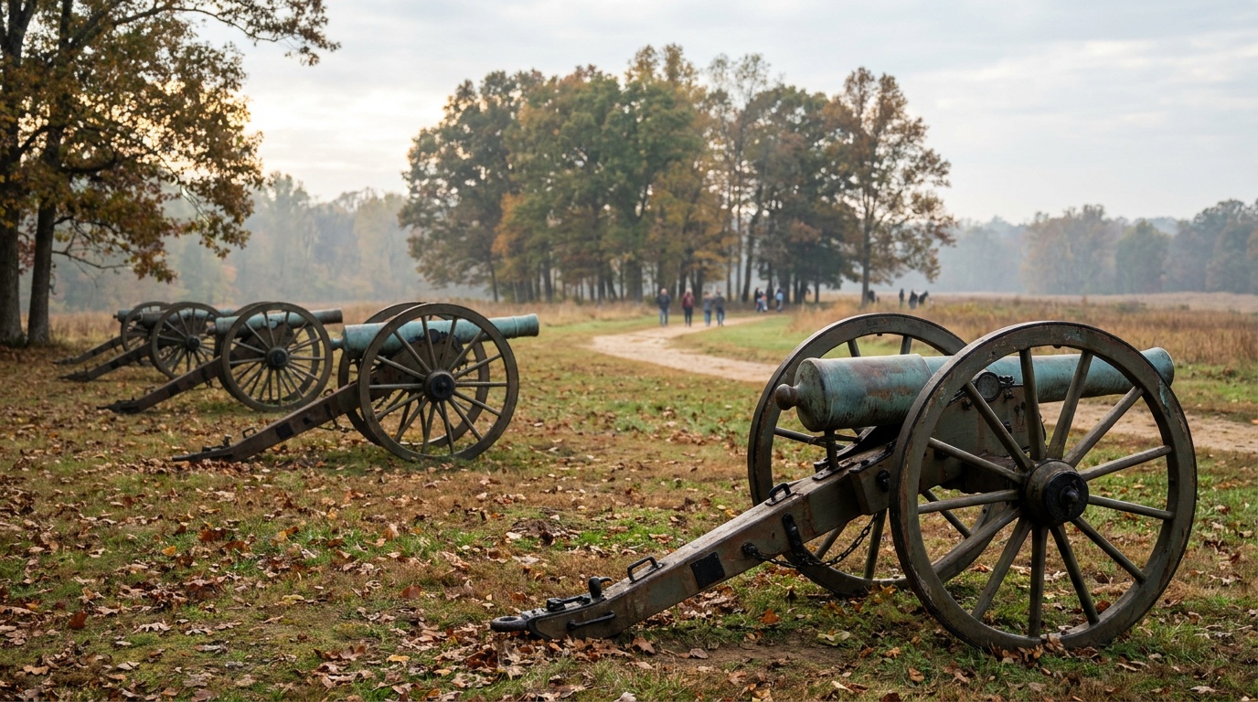 A row of Civil War field artillery pieces lined up on the battlefield in autumn light
