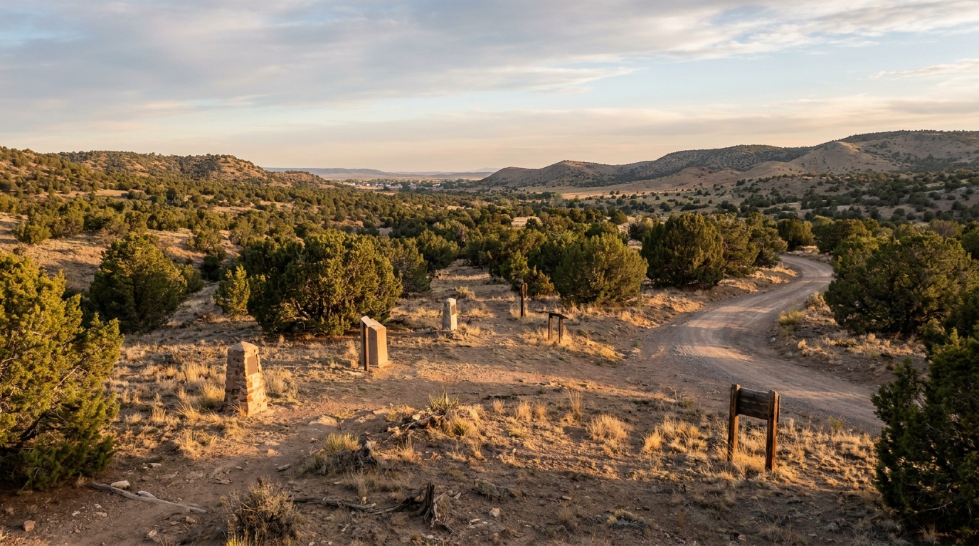 Wide view of the Glorieta Pass valley and rolling pinon-juniper country behind Pecos, soft morning light over the Civil War battlefield landscape