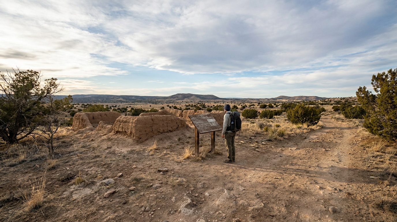 A visitor on the Ancestral Sites Trail loop at Pecos, interpretive sign and weathered pueblo ruin mounds beside the dirt path, big New Mexico sky
